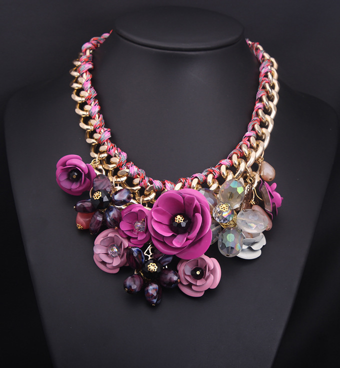 

Colorful Stone Chunky Flower Choker Collar Fashion Weave Rope Statement Necklace Mix color Factory Price