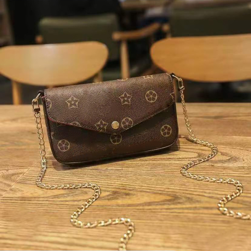 

3 piece set Multi Felicie Pochette satchel Bags M6127 Messenger Leather metal Chain clutch Shoulder Handbag Womens mens With box Purses fashion Embossed button, Embossing black