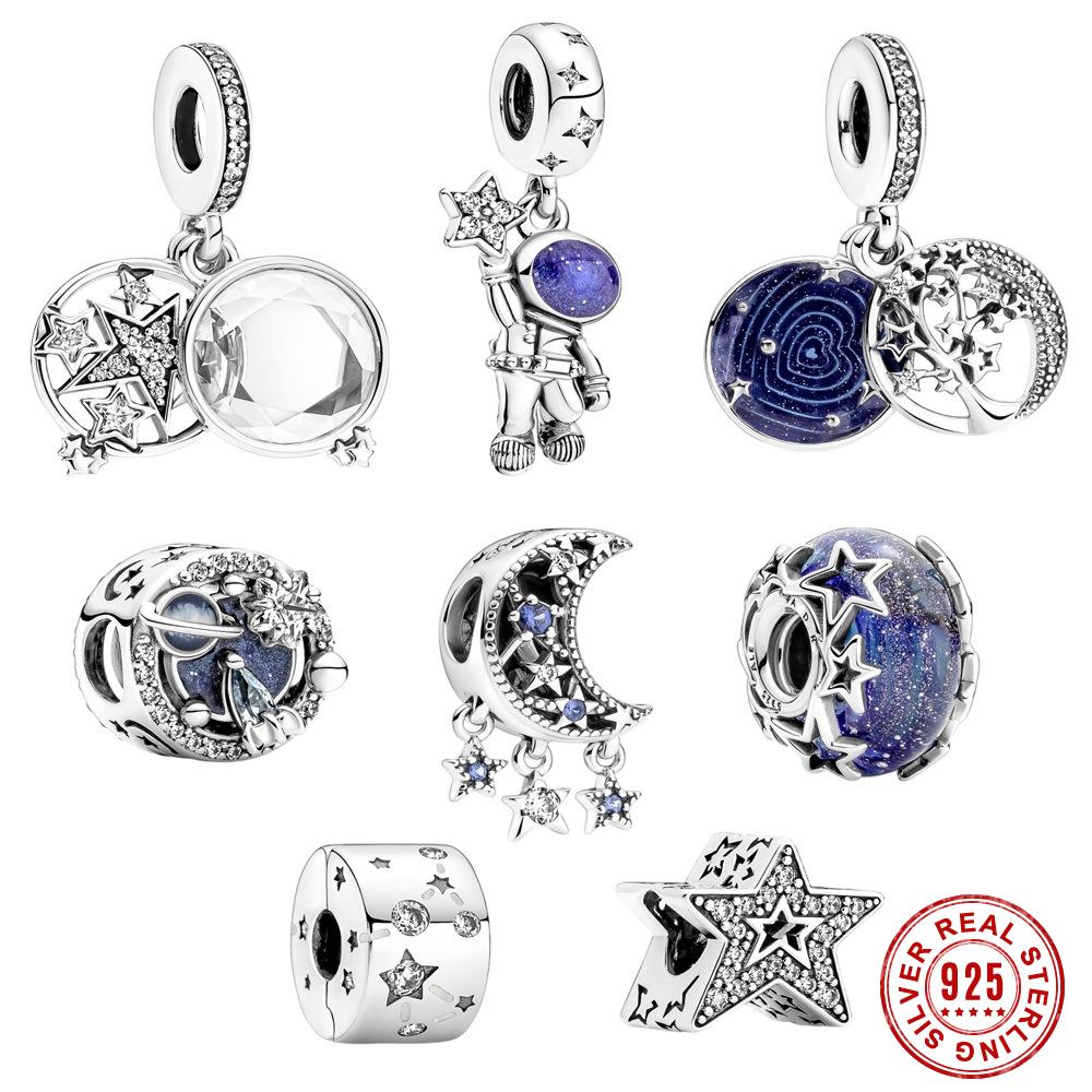 

925 Pounds Silver New Fashion Charm Astronaut Silver Pendant, Star Bead, Compatible with Original Bracelet, Female Jewelry, DIY Gift, Blue Galaxy Series