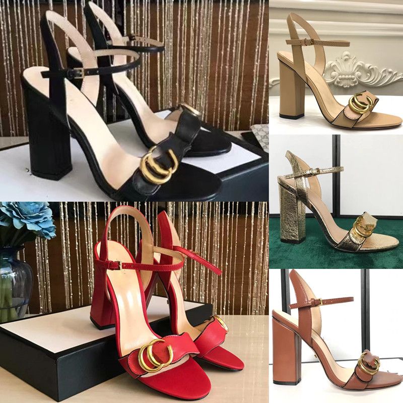 

2023 Classic High heeled women sandals party 100% leather Dance shoe designer sexy heels 10cm Suede Lady Metal Belt buckle Thick Heel Woman shoes Large size 35-42
