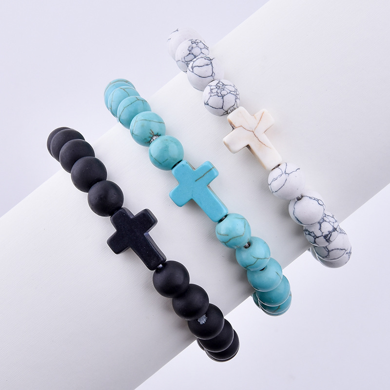 

Summer Style Cross Charms Beaded Strand Bracelets Classic 8MM Turquoise Stone Elastic Friendship Bracelet Beach For Women Men Jewelry