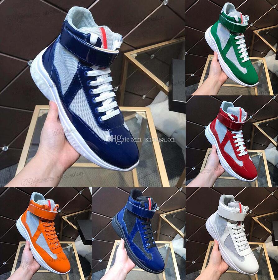 

With Box Prad Americas Cup Sneakers Casual Shoes Luxury Designer Men Classics Patent Leather Nylon Upper Rubber Yellow High-top low Outdo fv, 23