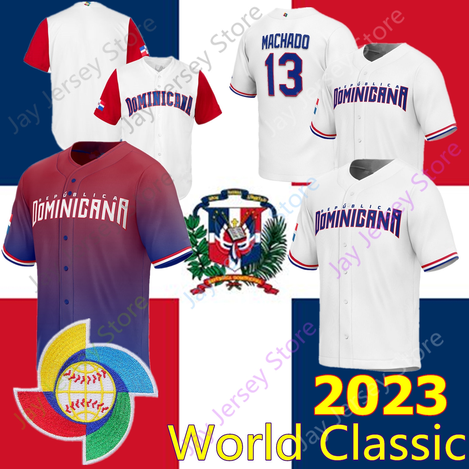 

2023 Team Dominican Republic Baseball Jersey WBC World Classic Jeremy Pena Julio Rodriguez Juan Soto Vladimir Guerrero Jr. Machado Franco Alcantara Cano, 2023 white