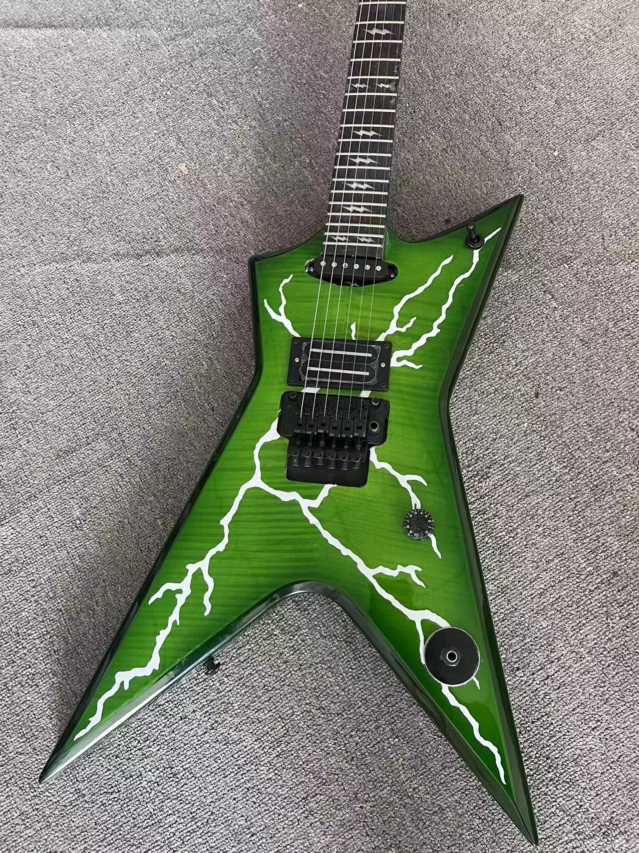 

New DimeBag Darrell Signature Lightning Bolt Eletric Guitar Dime Slime China oem guitars,FRLL Tremolo Bridge, Green Flame Maple Top, Black hardware