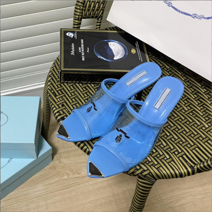 

Summer Transparent PVC Luxury Slippers Sandals Slides Womens Leather Sole&Inside Enameled Metal Ladies Flat Shoe Size 35-40, White