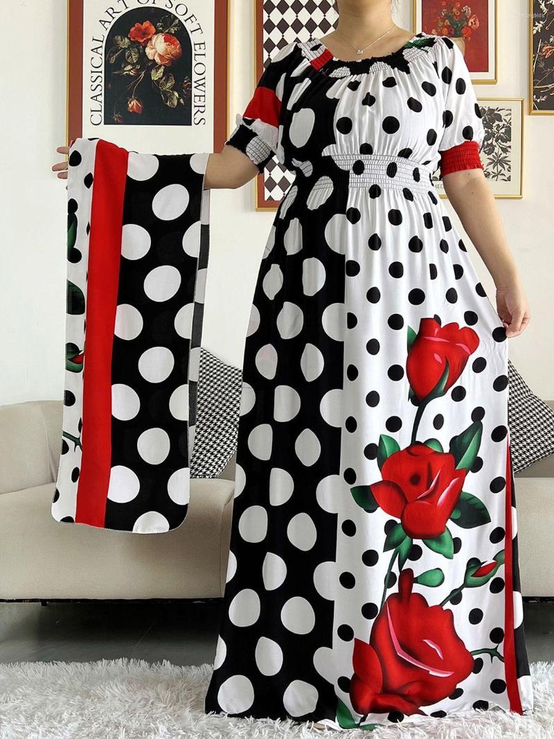 

Ethnic Clothing 2023 African Dashiki Cotton Floral Dress Printing Short Sleeve Collect Waist Straight Loose Women's