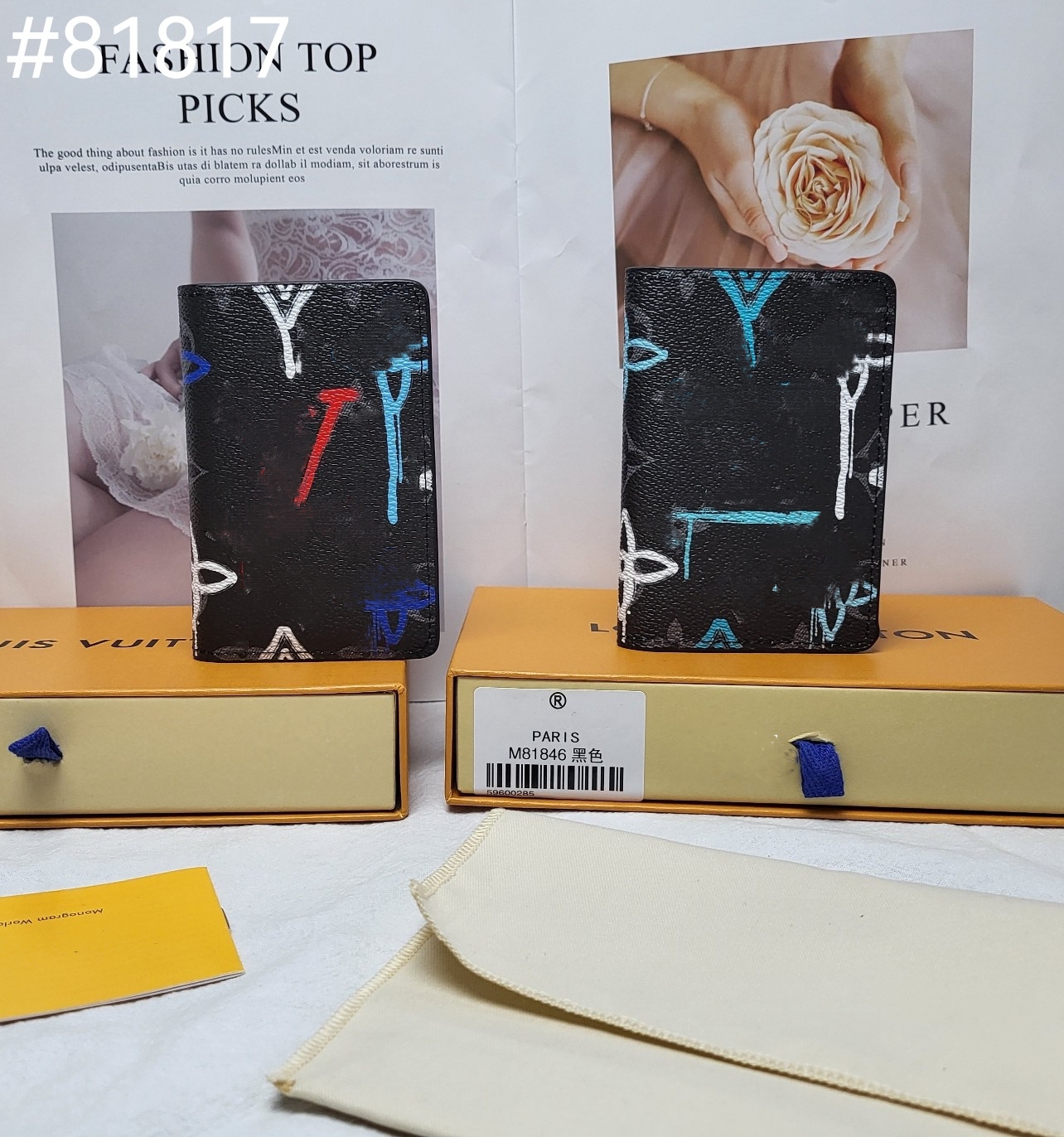 

Designer Graffiti Letter Unisex Wallet Luxury Brand Men's Card Holders Suit Clip Long Wallet With Zipper Famous Women's Short Wallets Clutch Bags Coin Purses M81846, Black with blue graffiti