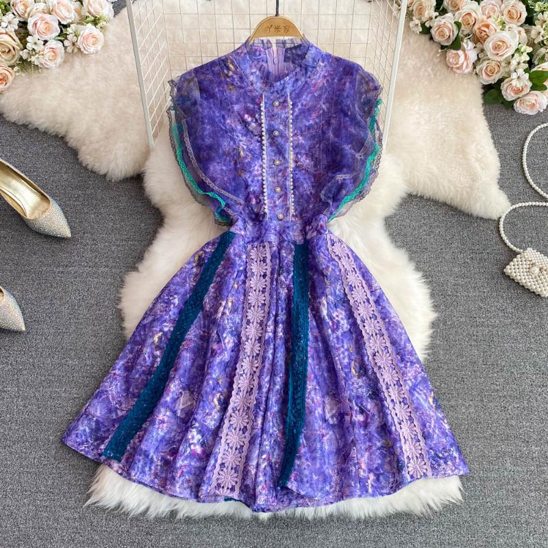 

Casual Dresses Summer French Temperament O-neck Waist Slimming Flying Sleeves Lace Patchwork A-line Embroidery Knee-Length DressCasual, Purple