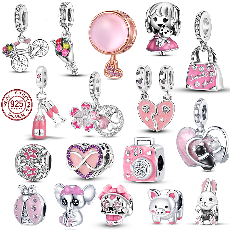 925 Sterling Silver New Fashion Charm Female Pink Silver Beads, Love Pendant Beads Compatible with Pandora 925, Original Bracelet