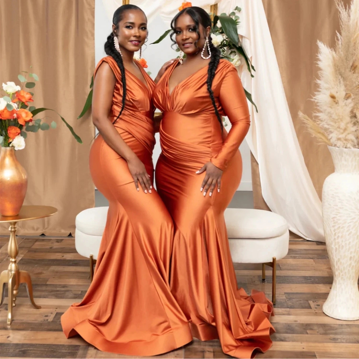 

2023 New V Neck Mermaid Evening Dresses Sweep Train Satin Long Sleeves Plus Size Formal Prom Party Gowns Bridesmaid Dress GJ0222