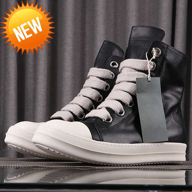 

High Street Rick Shoes Minimalist Style Top Quality Genuine Leather Sneakers Jumbo lace Men's Casual Owens Designer Women's Boots7, Black