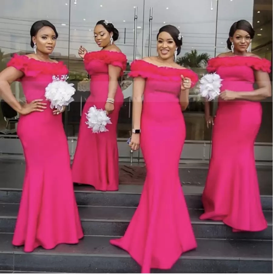 

Hot Pink Satin Mermaid Bridesmaid Dresses 2023 Ruffles Off Shoulder African Women Long Wedding Party Dress Vestidos Dama De Honor GJ0222
