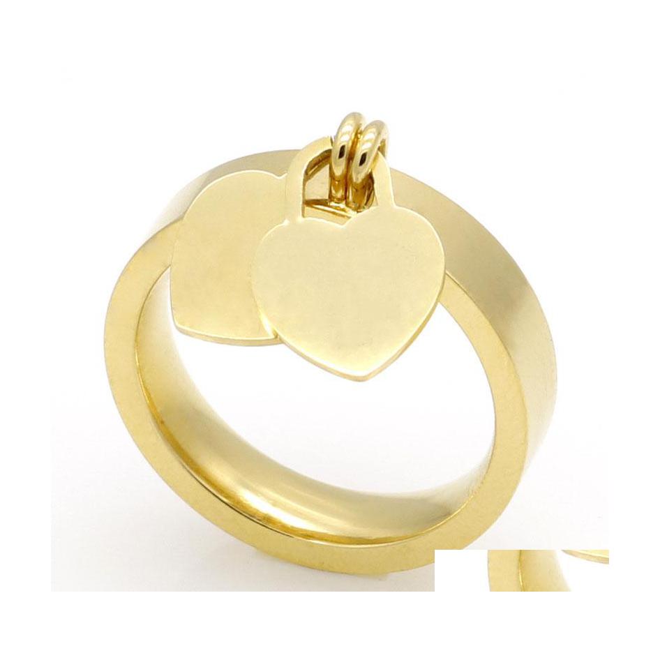 

Band Rings Fashion Jewelry 316L Titanium Ring Goldplated Heartshaped T Letter Letters Double Heart Female For Woman Drop Delivery Ot3Kg