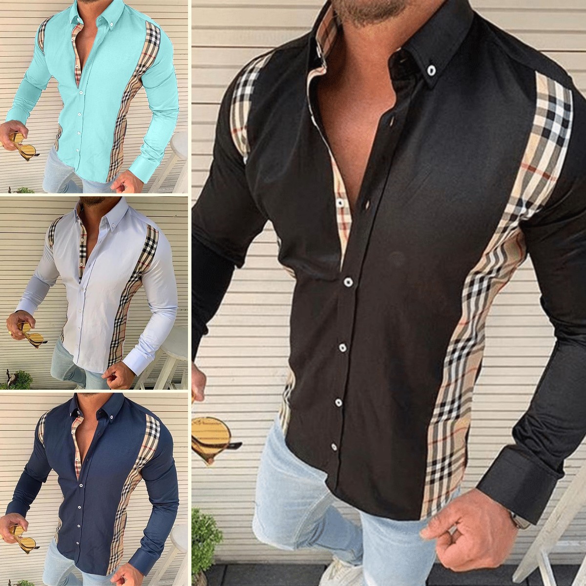 

Men's Casual Shirts Men Shirt Long Sleeve Luxury Button Up Cardigan Blouses Single Breasted Turn-down Collar, Black