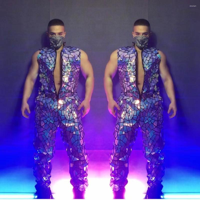 

Stage Wear BLUE Laser Mirror Rompers Club Costume Bar Sequins Jumpsuit Hip Hop Men Dancer Team Street Dance Show