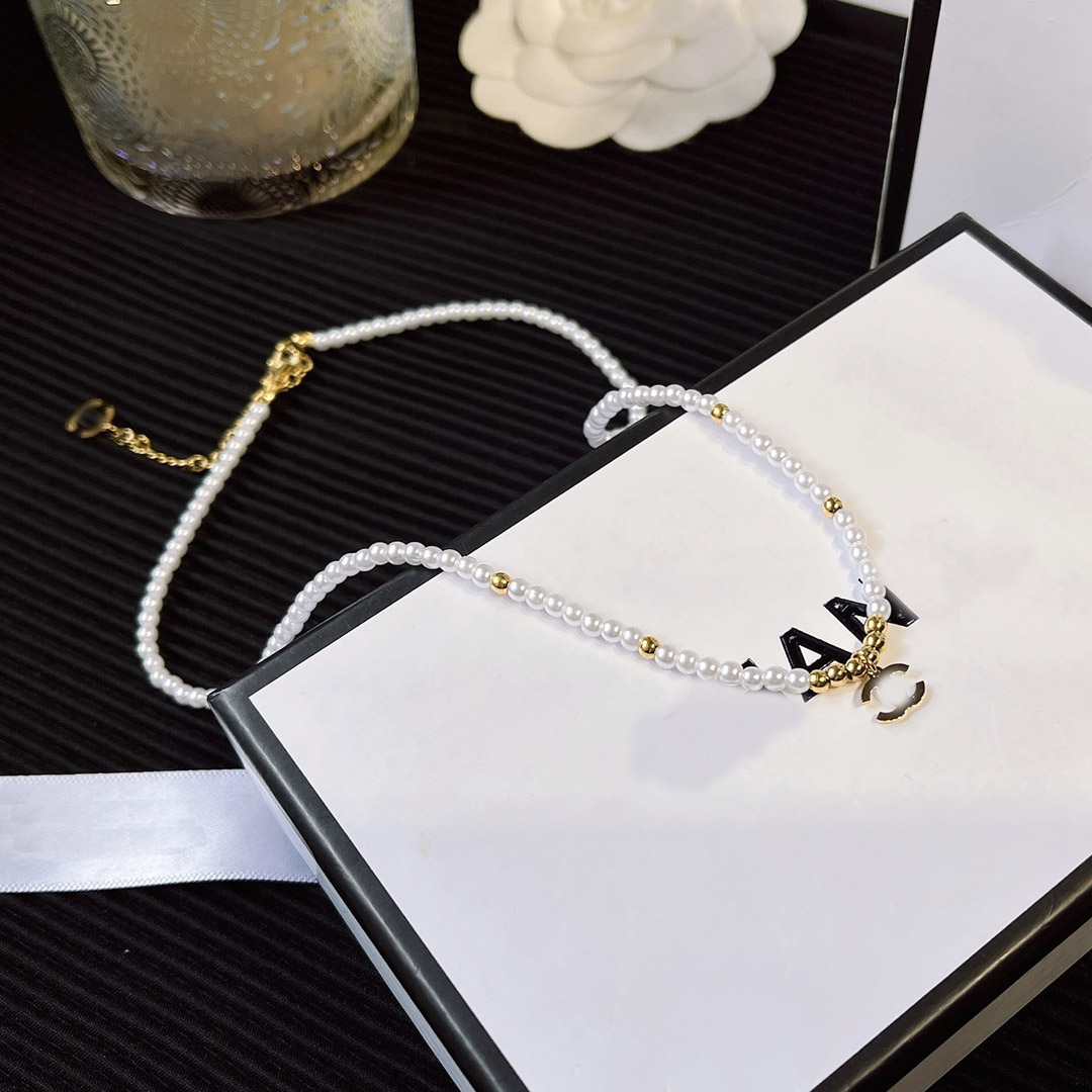 

18K Gold Plated Stainless steel Pendant Necklace Fashion Women Designer Brand Double Letter Necklaces Choker Chain Crystal Imitation Pearl Wedding Jewelry Gifts