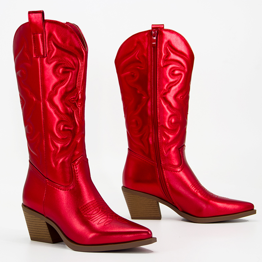 

Boots Metallic Cowboy boots woman Western Boots For Women Zip Embroidered Pointed Toe Heeled Winter Shoes Pink Red Gold Metalic 230221, Black d