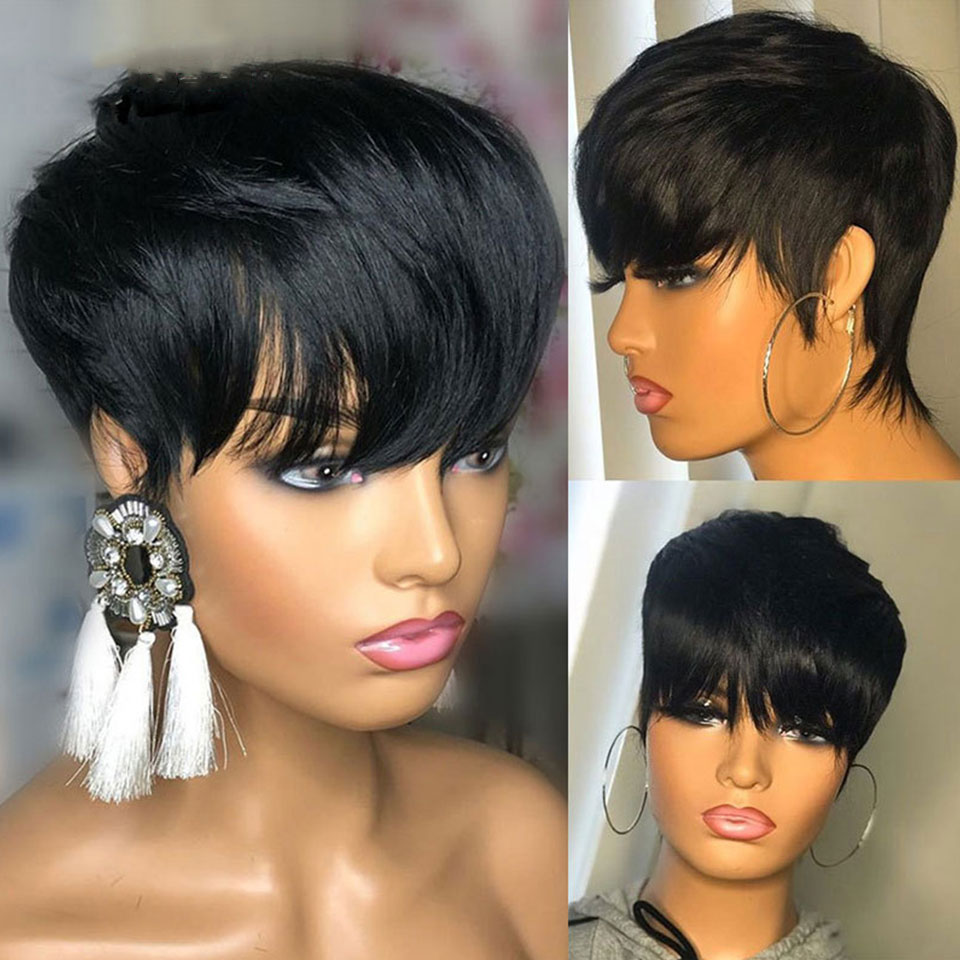 

Short Bob Straight Human Wigs With Bangs Brazilian Virgin Hair Pixie Cut Wig Natural Cheap Human Hair Wigs For Black Women, Others color