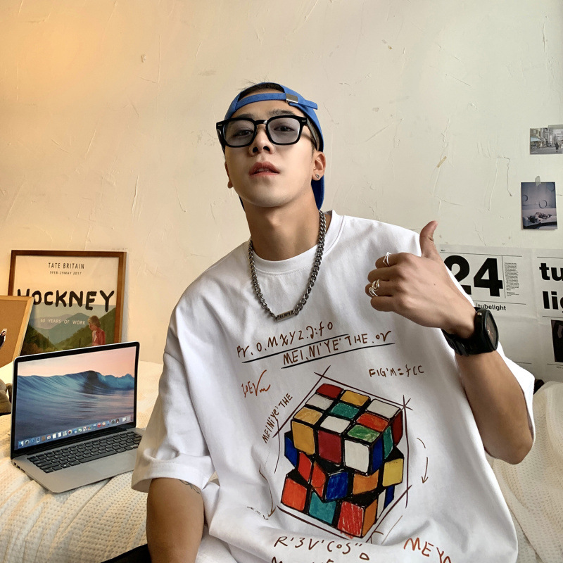 T-shirts pour hommes d'été Mâle Rubik's Cube imprimé Marque de marée européenne et américaine High Street Plankton Shuai Demi-manches Couple Top