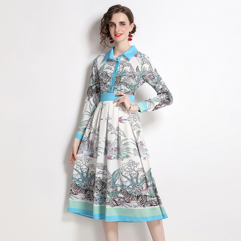 

2023 Retro Printed Pleated Dresses Women Designer Robe Long Sleeve Lapel High Waist Elegant Shirt Dress Spring Autumn Ladies Weekend Cafe Slim A-Line Party Frocks, 16