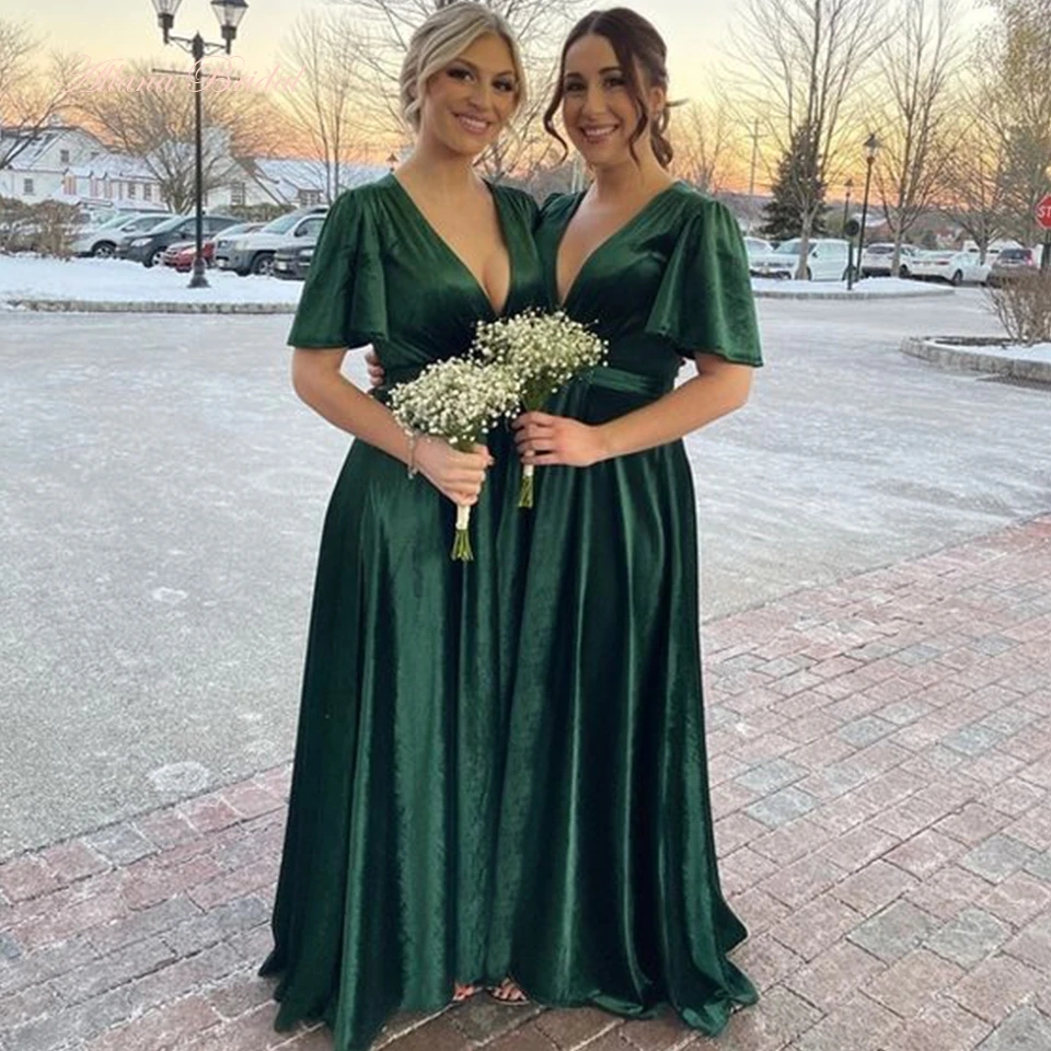 

Emerald Green Velvet Wedding Bridesmaids Dresses 2023 V-neck Women's Evening Dress with Cap Sleeves Long Wedding Party Dress GJ0222