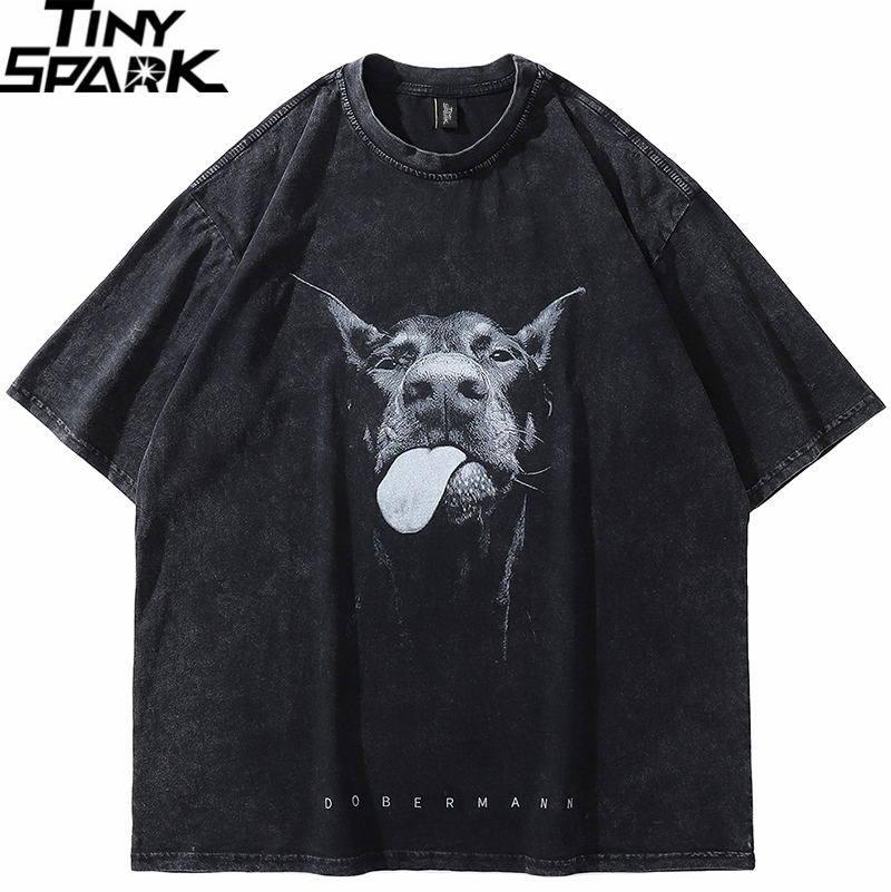 

Men s T Shirts 2023 Men Streetwear Hip Hop Oversized Funny Doberman Dog Graphic Vintage Washed Black shirt Harajuku ee Cotton 230222