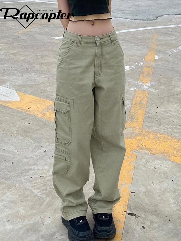 Women's Jeans Rapcopter y2k Green Cargo Jeans Big Pockets Low Waisted Trousers Harajuku Casual Basic Sweatpants Women Retro Sporty Joggers 90s