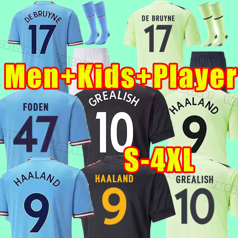 

HAALAND soccer jerseys 22 23 DE BRUYNE MANS CITIES GREALISH STERLING FERRAN MAHREZ MANCHESTERS FODEN 2022 2023 football shirt uniforms men kids kit sets 3xl 4xl child, Home+patch