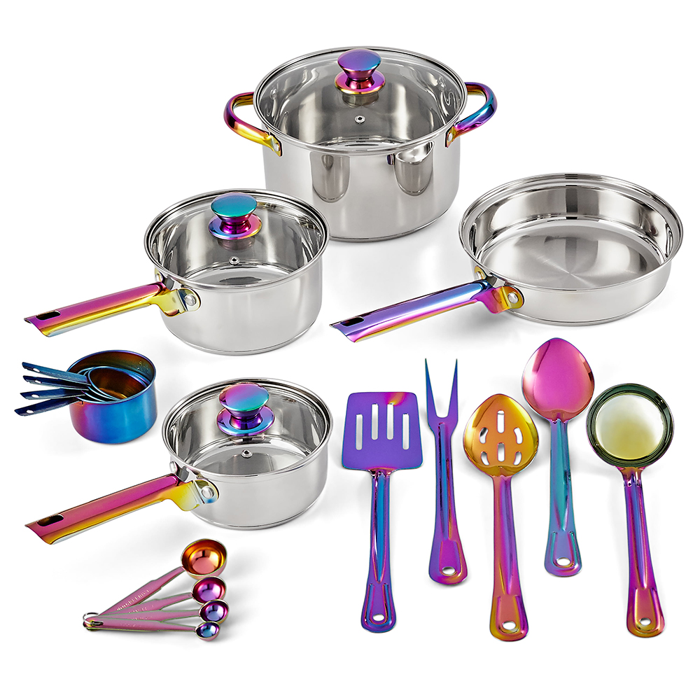 

Mainstays Iridescent Stainless Steel 20-Piece Cookware Set with Kitchen Utensils and Tools