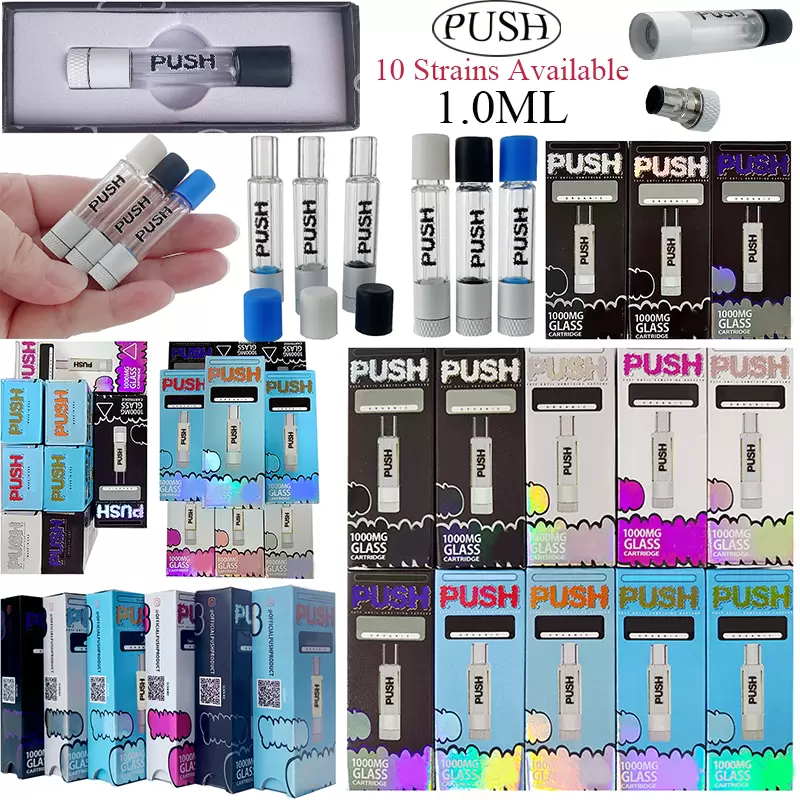 

10 Strains 1.0ml PUSH Atomizer Glass Tank Vape Cartridges Vapes Pen Cartridge Thick Oil Carts 510 Thread Dab Wax Vaporizer E Cigarette Box Packaging Empty
