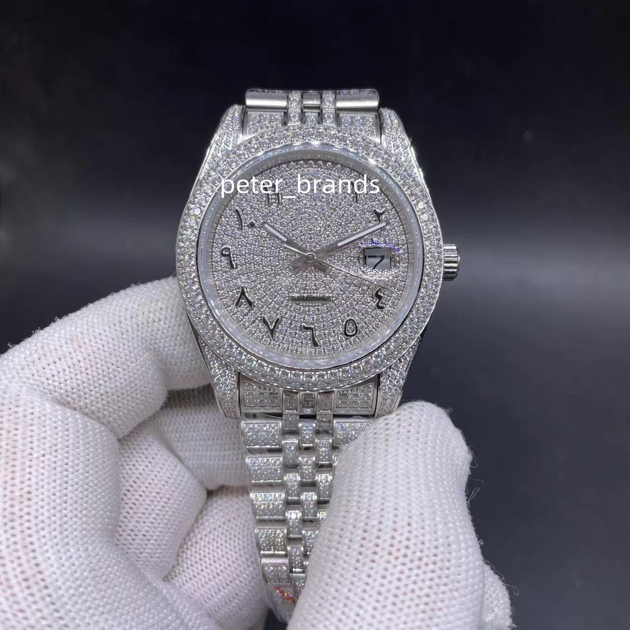 

Ice out watch men full diamonds steel case 41mm jubilee bracelet shiny watch date just arabic dial automatic mechanical wristwatch, No box