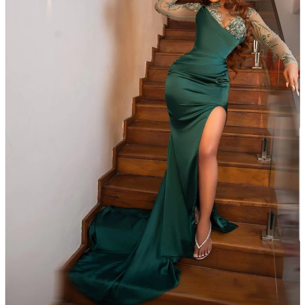 Sexy Dark Green Beading Prom Dresses Mermaid Pleats Slit Plunging Long Formal Evening Party Gowns 2023 Robe De Soiree