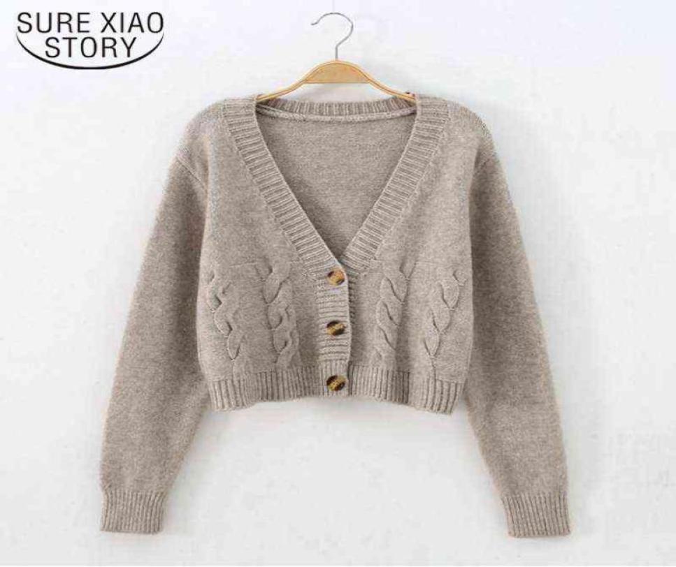 

Autumn Winter Short High Waist Solid Sweater Women SingleBreasted Knitted V Small Sweater Women Coat New Top Femme 174 J2207301918608, Brown