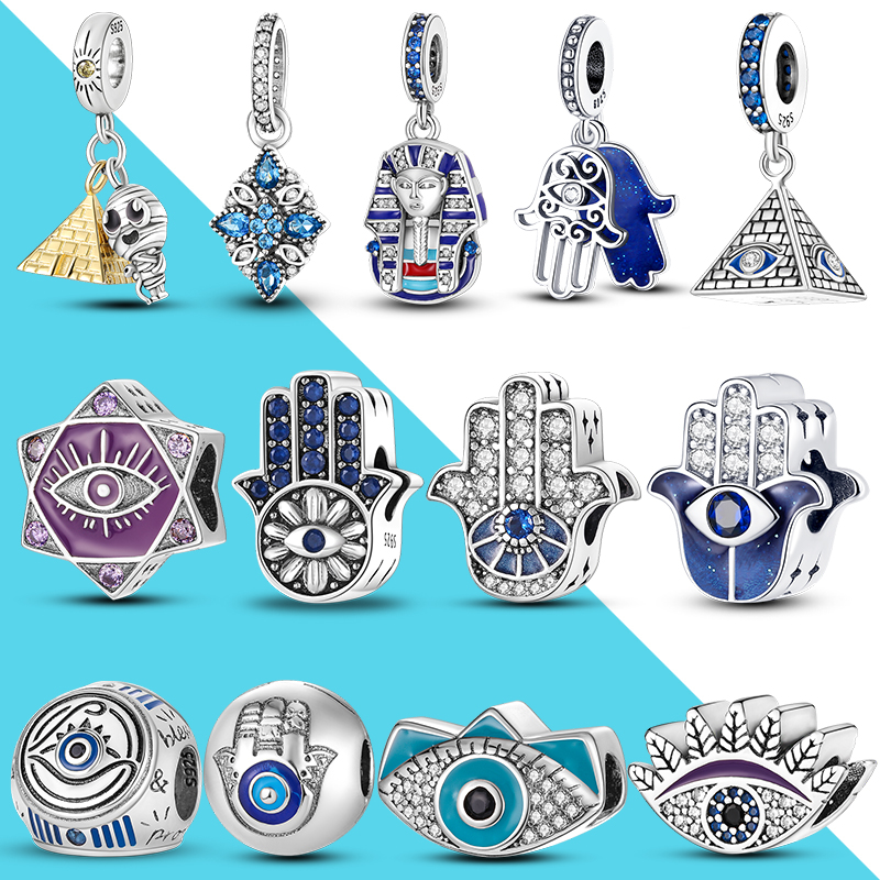 925 Livres Argent Nouvelle Mode Charme Pyramide Égyptienne Bleu Amulette, 925 Amulette De Protection En Argent, Perles De Fatima, Convient Au Bra