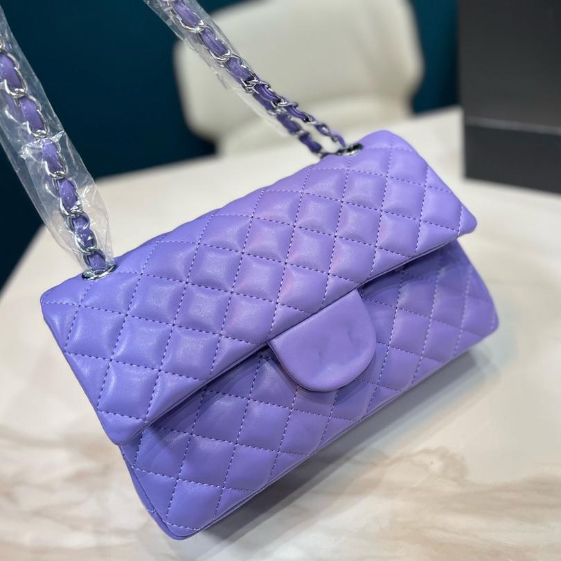 

23 Ss Classic Flap Crossbody Bag Purple Diamond Check Quilted Leather Gold and Silver Buckle Braided Chain Shoulder Bag Luxury Designer Walle, Purple silver