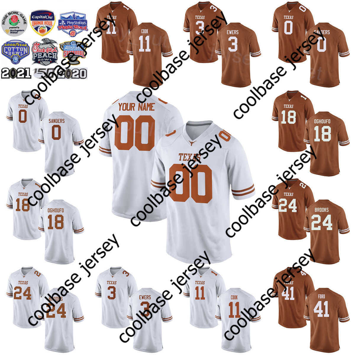 

NCAA College Texas Longhorns Football 0 JaTavion Sanders Jersey 41 Jaylan Ford 11 Anthony Cook 18 Ovie Oghoufo 3 Quinn Ewers 24 Jonathon, White