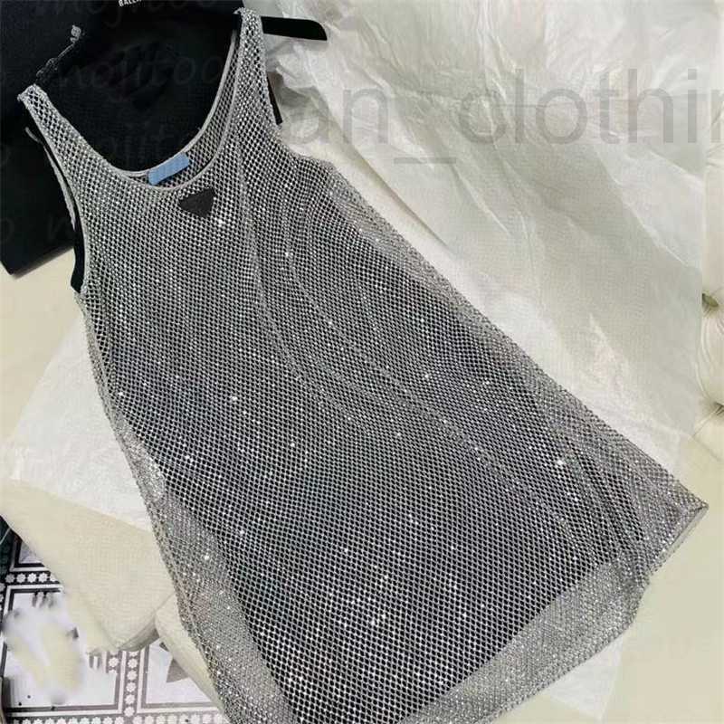 

designer Shiny Rhinestone Mesh Vest Dresses With Base Skirt Designer Brand Ladies Party Night Club Silver Dress High Grade Womens Clothes QP2R