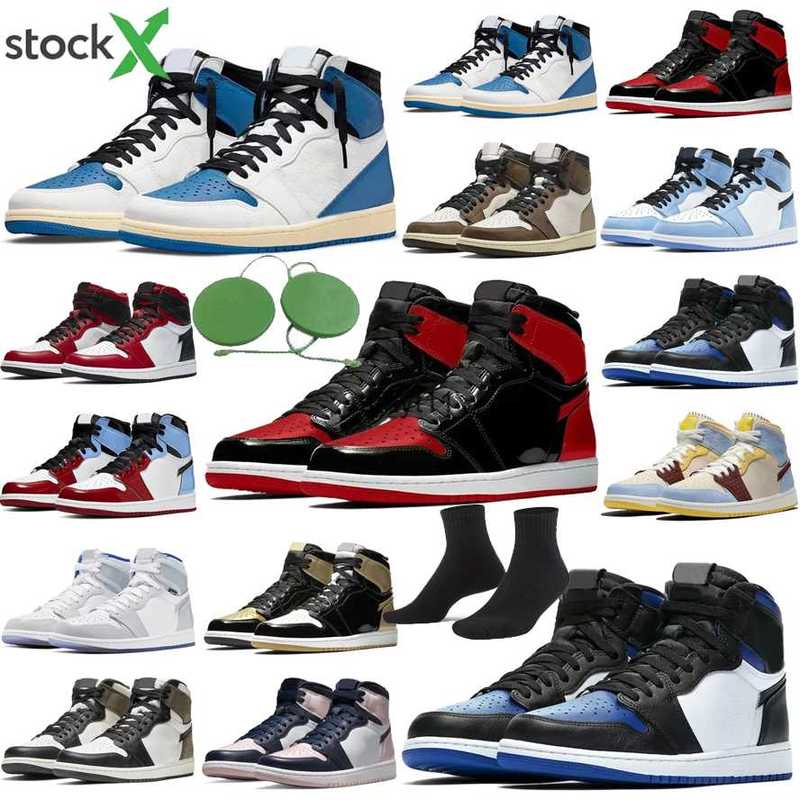 

with jumpman 1 1s OG High retro mens Basketball Shoe women Pine Green Black Court Purple Royal Bred Toe NC Obsidian UNC game sports, Box