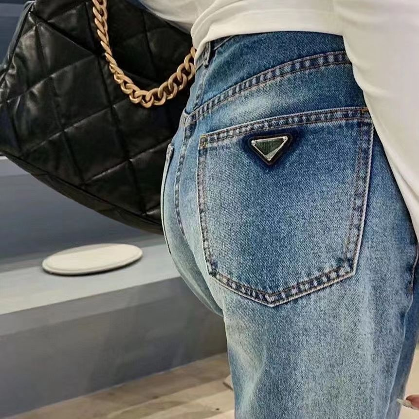 

23 Early spring new women' triangle label jeans OP65 straight tube pants after washing design classic triangle logo, Customize