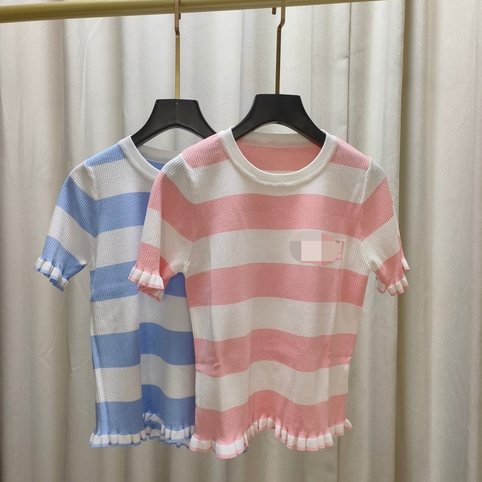 

222 2023 Spring Summer Women Sweater Short Sleeve Crew Neck Black White Black Striped Pullover Womens qian688, Pink