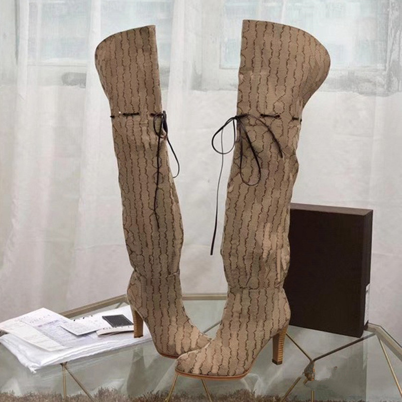 

Designer Women Boots Top Quality Genuine Leather Red Beige Canvas over the knee boot's Zipper Laces fashion luxury High Heel Womens Brand Casual shoes heels for women