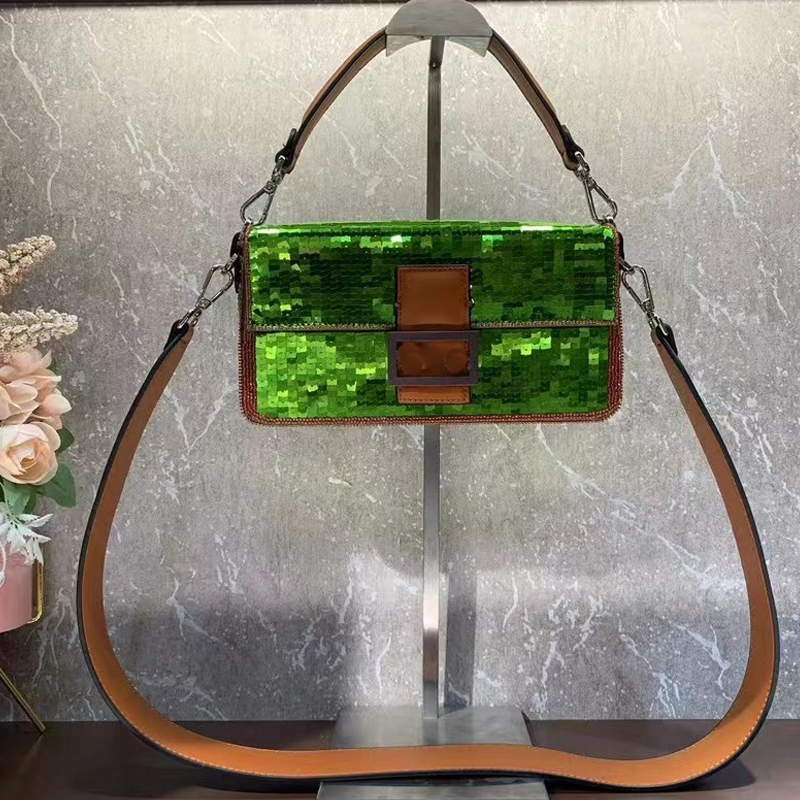 

Top Quality Flap Baguette Bags Women Crossbody Bags Genuine Leather Sequins Detachable Handle Strap Magnetic Buckle Fashion Letters Plain Cluth Handbags Purse, 27*15*6cm