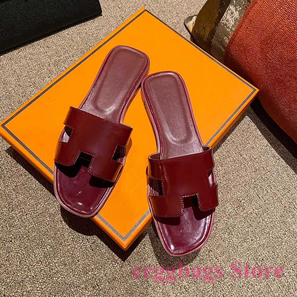 

Designer H Slippers Oran Sandals For Women Ladies Summer Casual Fashion Luxury Classic Flat Leather Solid Home Beach Slides Shoes Wine, 23