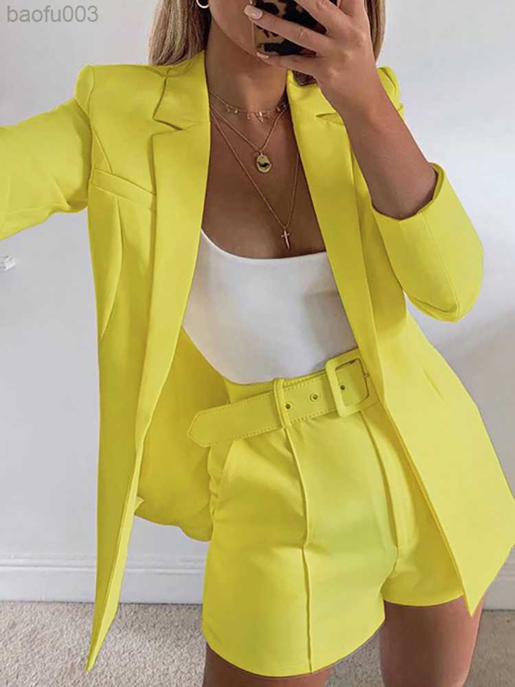 

Two Piece Dress Fitshinling Women Blazer Suit With Waist Belt Fashion New In Slim Casual Blazers Sets Female Clothing Solid Outfits 2023 Sale W0223, Sky blue shortsbelt