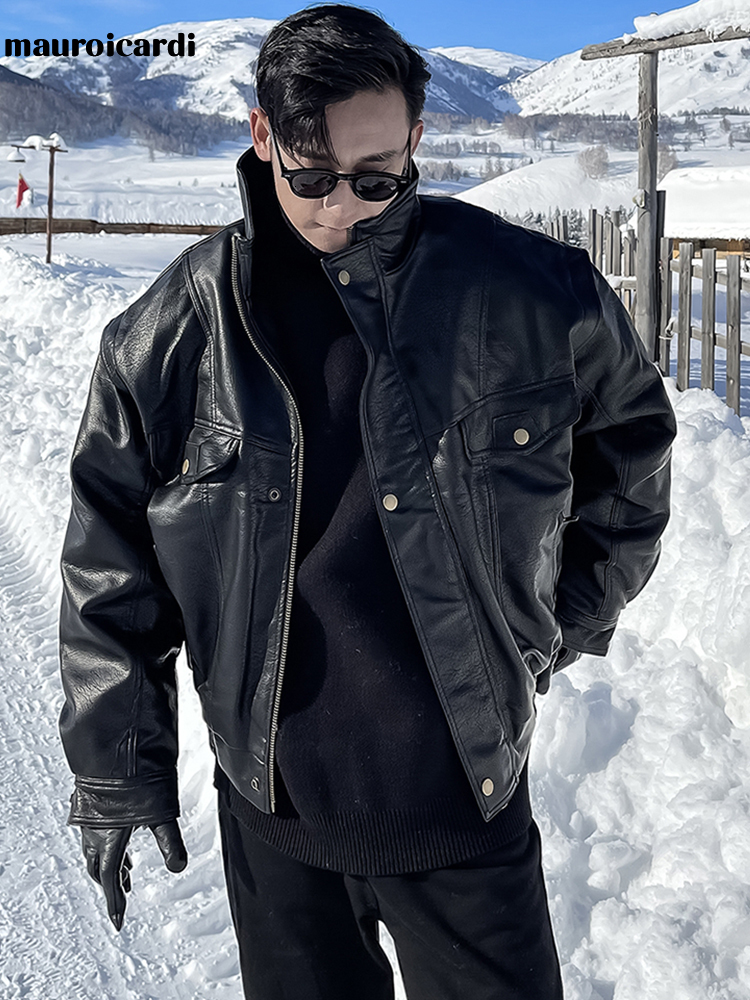 

Mens Jackets Mauroicardi Autumn Winter Waterproof Windproof Oversized Thickened Warm Black Faux Leather Jacket Men Zip Up Casual Cool Fashion 230222