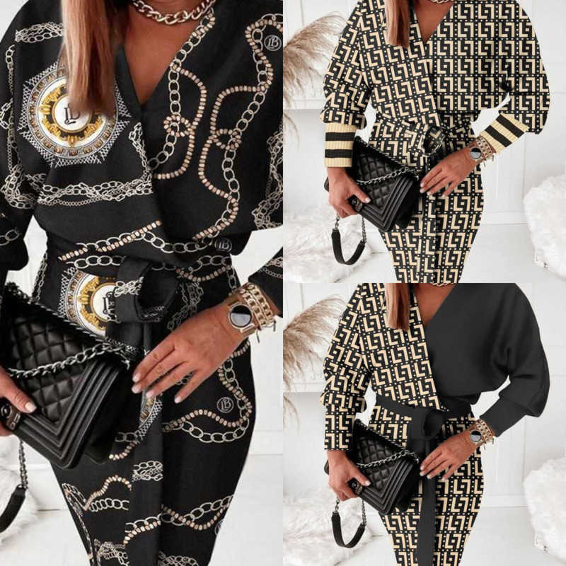 

New Arrivals Women Dresses Designer Printed V-Neck Fashion Dress Long Sleeve Skirts Plus Size 3xl, Blue chain