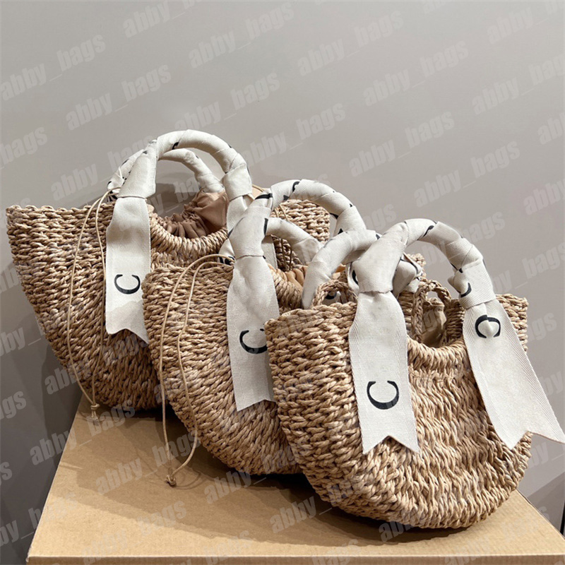

3 Size Beach Woody Basket Totes Women Designer Raffia Strawing Handbags Grass Woven Tote Summer Holiday Ribbon Handle Shoulder Bags, 20cm