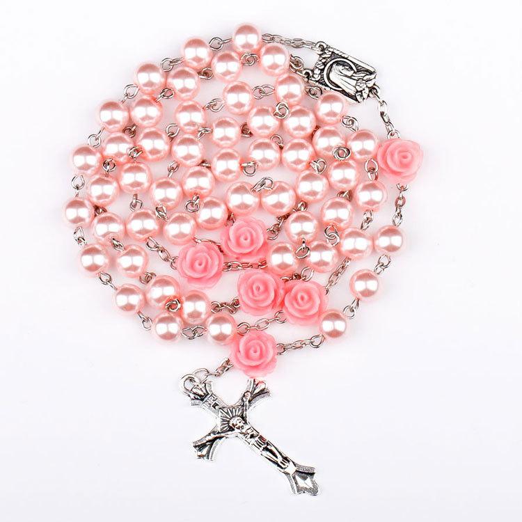 

Pendant Necklaces Pink Rose Crystal Rosary Necklace Catholic Vintage Cross Long Religious Jewelry 2023