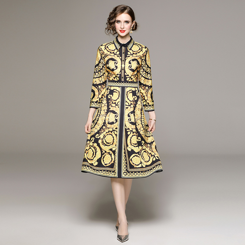 

Luxury Baroque Print Dresses Long Sleeve 2023 Classic Lapel Women Designer Casual Shirt Dress Spring Autumn Robe Ladies Party Frock Vacation Club Woman Clothes