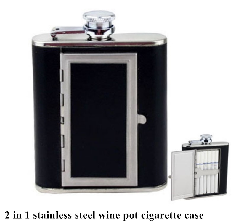 

Wholesale! 2 in 1 stainless steel Hip Flask 6oz Bottle and cigarette black case wine pot encrusted wrapper cigarette case By Express A0076